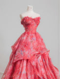 Niulatu Red A-Line Strapless Printed Tulle Wedding Dress Sweet Long Prom Dresses HZ1103
