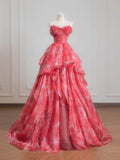 Niulatu Red A-Line Strapless Printed Tulle Wedding Dress Sweet Long Prom Dresses HZ1103