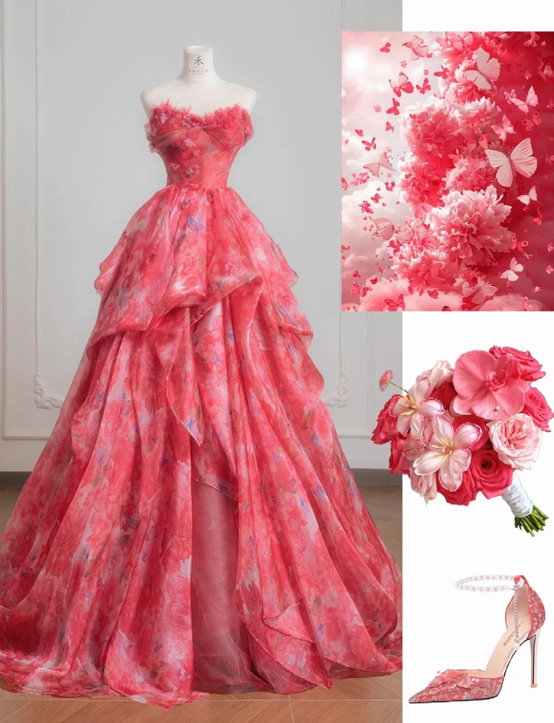 Niulatu Red A-Line Strapless Printed Tulle Wedding Dress Sweet Long Prom Dresses HZ1103