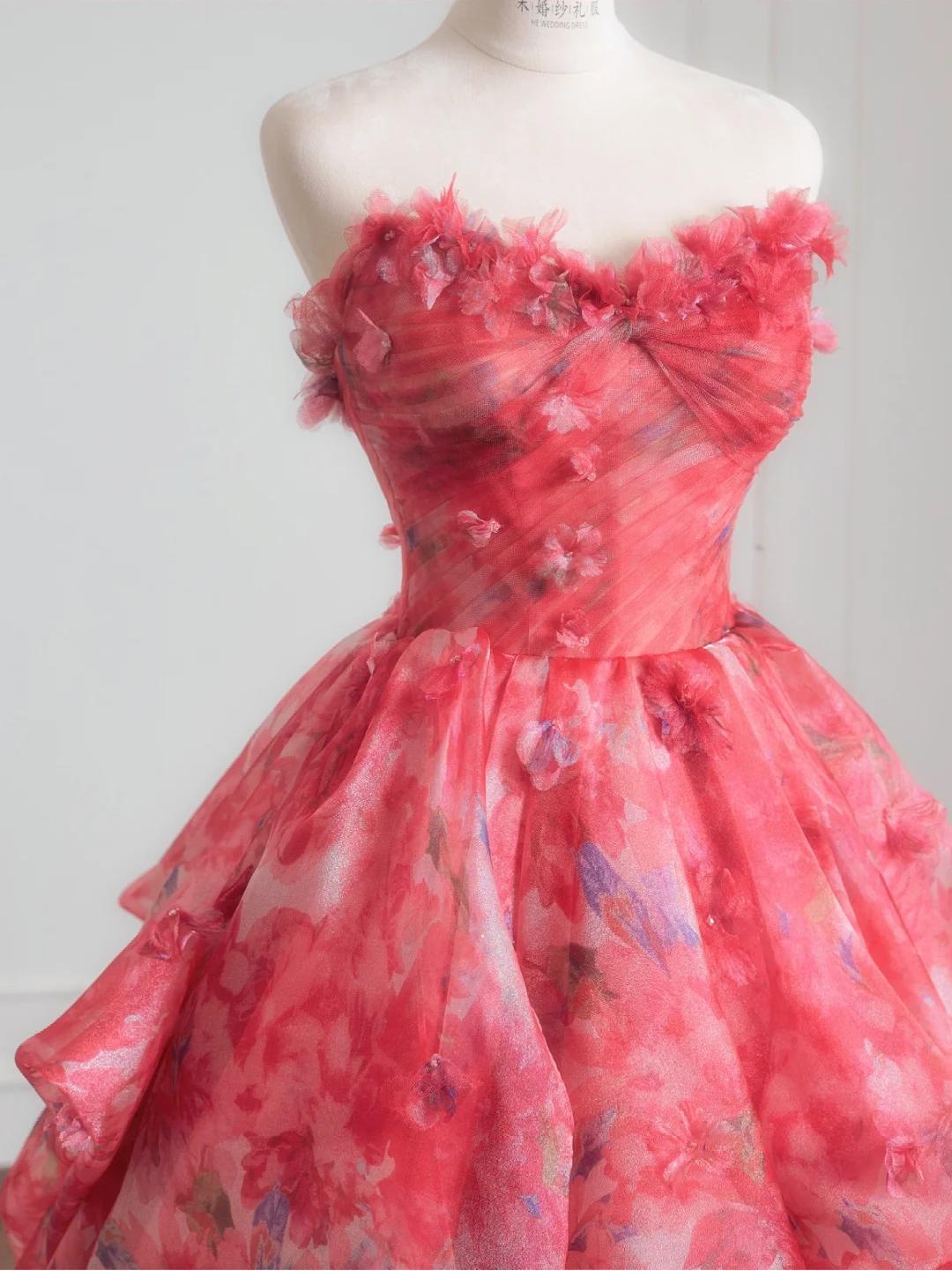 Niulatu Red A-Line Strapless Printed Tulle Wedding Dress Sweet Long Prom Dresses HZ1103