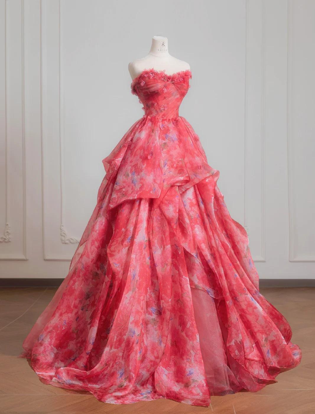 Niulatu Red A-Line Strapless Printed Tulle Wedding Dress Sweet Long Prom Dresses HZ1103