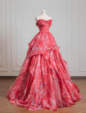 Niulatu Red A-Line Strapless Printed Tulle Wedding Dress Sweet Long Prom Dresses HZ1103