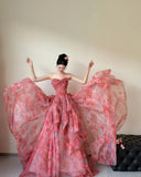 Niulatu Red A-Line Strapless Printed Tulle Wedding Dress Sweet Long Prom Dresses HZ1103