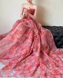 Niulatu Red A-Line Strapless Printed Tulle Wedding Dress Sweet Long Prom Dresses HZ1103
