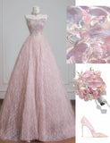 Niulatu Pink Strapless Beaded Tulle Wedding Dress, A-Line Long Prom Dresses HZ1103