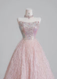 Niulatu Pink Strapless Beaded Tulle Wedding Dress, A-Line Long Prom Dresses HZ1103