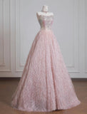 Niulatu Pink Strapless Beaded Tulle Wedding Dress, A-Line Long Prom Dresses HZ1103