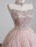 Niulatu Pink Strapless Beaded Tulle Wedding Dress, A-Line Long Prom Dresses HZ1103