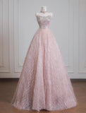 Niulatu Pink Strapless Beaded Tulle Wedding Dress, A-Line Long Prom Dresses HZ1103