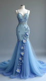 Niulatu Blue Spaghetti Straps Mermaid Tulle Beaded Long Prom Dresses Formal Evening Gowns HZ1103