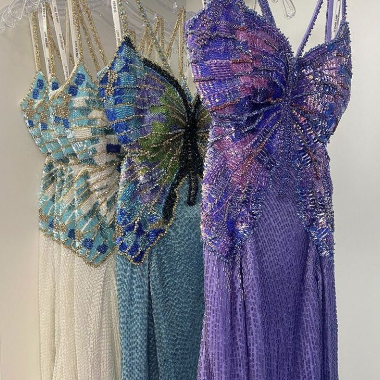 Niulatu Purple Chiffon Beaded Sheath Elegant Backless Prom Dresses with Slits HZ1103