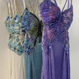 Niulatu Purple Chiffon Beaded Sheath Elegant Backless Prom Dresses with Slits HZ1103