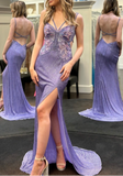 Niulatu Purple Chiffon Beaded Sheath Elegant Backless Prom Dresses with Slits HZ1103