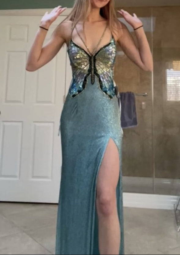 Niulatu Purple Chiffon Beaded Sheath Elegant Backless Prom Dresses with Slits HZ1103