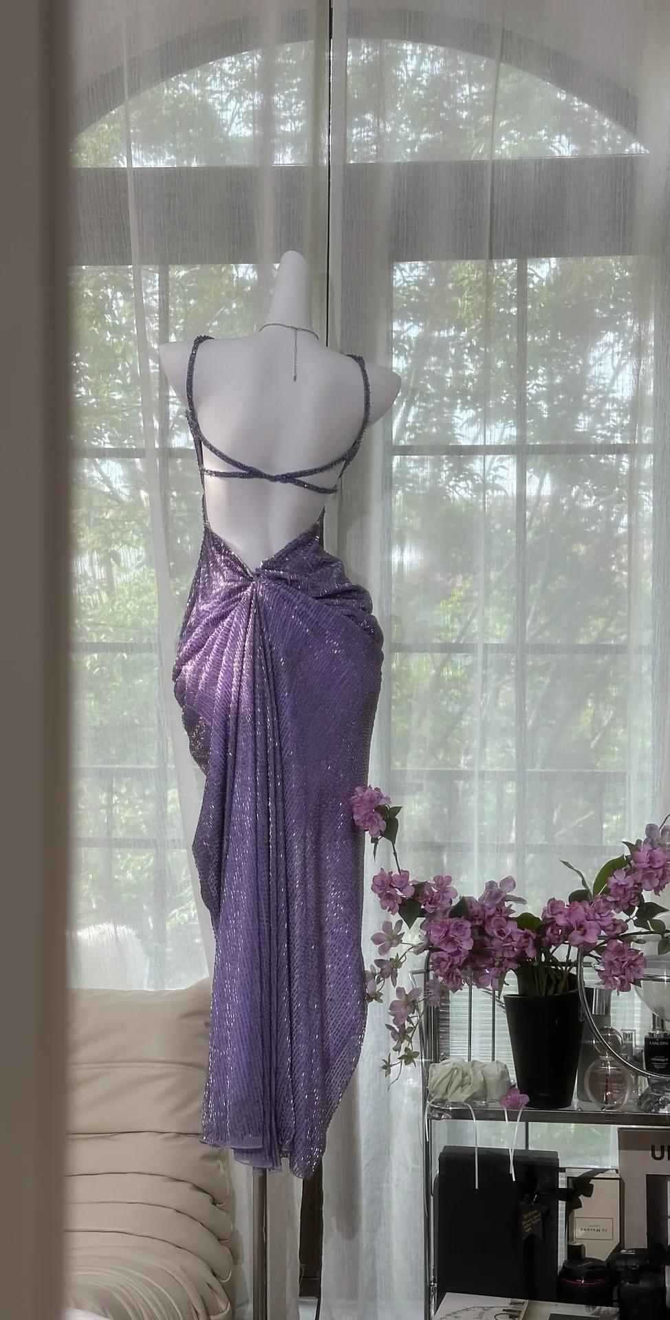 Niulatu Purple Chiffon Beaded Sheath Elegant Backless Prom Dresses with Slits HZ1103