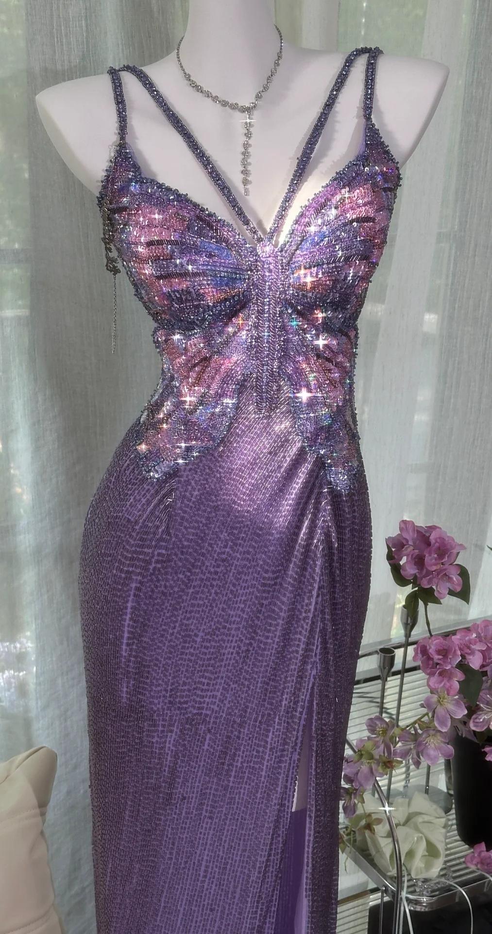 Niulatu Purple Chiffon Beaded Sheath Elegant Backless Prom Dresses with Slits HZ1103