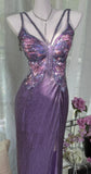 Niulatu Purple Chiffon Beaded Sheath Elegant Backless Prom Dresses with Slits HZ1103