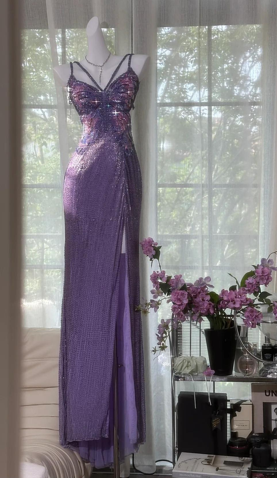 Niulatu Purple Chiffon Beaded Sheath Elegant Backless Prom Dresses with Slits HZ1103