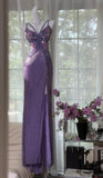 Niulatu Purple Chiffon Beaded Sheath Elegant Backless Prom Dresses with Slits HZ1103