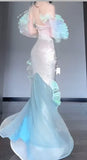 Niulatu Ice Blue Mermaid Tulle Mask Prom Dresses Sparkling Sequin Evening Gowns HZ1103
