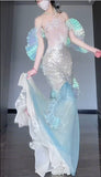 Niulatu Ice Blue Mermaid Tulle Mask Prom Dresses Sparkling Sequin Evening Gowns HZ1103