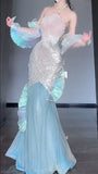 Niulatu Ice Blue Mermaid Tulle Mask Prom Dresses Sparkling Sequin Evening Gowns HZ1103