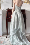 Niulatu Spaghetti Straps Jacquard Satin A-Line Long Prom Dresses Sweet Backless Evening Gowns HZ1103