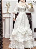 Niulatu White A-Line Long Sleeve Tulle Lace Applique Train Vintage Wedding Dress HZ1103