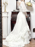 Niulatu White A-Line Long Sleeve Tulle Lace Applique Train Vintage Wedding Dress HZ1103