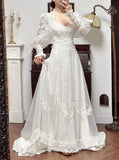 Niulatu A-Line V-neck Long Sleeve Embroidered Applique Tulle Long Sleeve Vintage Wedding Dress HZ1103