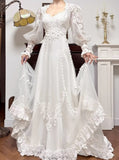 Niulatu A-Line V-neck Long Sleeve Embroidered Applique Tulle Long Sleeve Vintage Wedding Dress HZ1103