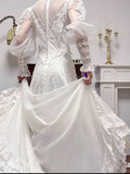 Niulatu A-Line V-neck Long Sleeve Embroidered Applique Tulle Long Sleeve Vintage Wedding Dress HZ1103