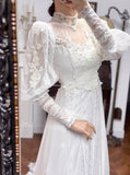 Niulatu A-Line White Turtleneck Lace Beading Tulle Long Sleeve Vintage Wedding Dress HZ1103