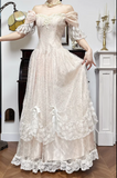 Niulatu Light Champagne Off-the-shoulder A-Line Princess Prom Dresses Chiffon Lace Vintage Wedding Dress HZ1103