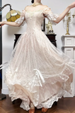 Niulatu Light Champagne Off-the-shoulder A-Line Princess Prom Dresses Chiffon Lace Vintage Wedding Dress HZ1103