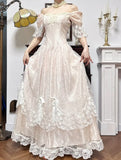 Niulatu Light Champagne Off-the-shoulder A-Line Princess Prom Dresses Chiffon Lace Vintage Wedding Dress HZ1103
