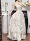 Niulatu Light Champagne Off-the-shoulder A-Line Princess Prom Dresses Chiffon Lace Vintage Wedding Dress HZ1103