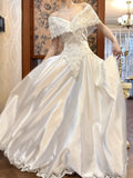 Niulatu Royal Pearl White Off-the-shoulder Satin Lace Beaded A-Line Vintage Wedding Dress HZ1103
