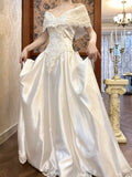 Niulatu Royal Pearl White Off-the-shoulder Satin Lace Beaded A-Line Vintage Wedding Dress HZ1103