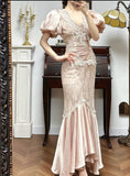 Niulatu Satin Lace Mermaid V-neck Prom Dresses, Beautiful Vintage Evening Gowns HZ1103