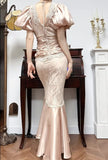 Niulatu Satin Lace Mermaid V-neck Prom Dresses, Beautiful Vintage Evening Gowns HZ1103
