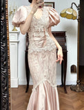 Niulatu Satin Lace Mermaid V-neck Prom Dresses, Beautiful Vintage Evening Gowns HZ1103