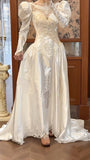 Niulatu White Scoop Neck Satin Long Sleeve Beaded Lace Applique Open Back Train Vintage Wedding Dress HZ1103
