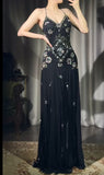 Niulatu Black V-neck Sheath Long Prom Dresses Chiffon Beading Open Back Evening Gowns with Slit HZ1103