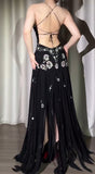 Niulatu Black V-neck Sheath Long Prom Dresses Chiffon Beading Open Back Evening Gowns with Slit HZ1103
