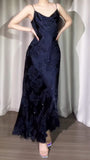Niulatu Navy Blue Jacquard Satin Spaghetti Strap Sheath Prom Dresses Shiny Beaded Evening Gowns HZ1103