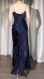 Niulatu Navy Blue Jacquard Satin Spaghetti Strap Sheath Prom Dresses Shiny Beaded Evening Gowns HZ1103