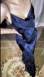 Niulatu Navy Blue Jacquard Satin Spaghetti Strap Sheath Prom Dresses Shiny Beaded Evening Gowns HZ1103