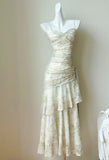 Niulatu Print Chiffon Spaghetti Straps Layered Ruffles Prom Dresses HZ1103