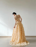 Niulatu Yellow A-Line Spaghetti Straps Tulle Applique Beading Wedding Dress Fairytale Long Prom Dresses HZ1103